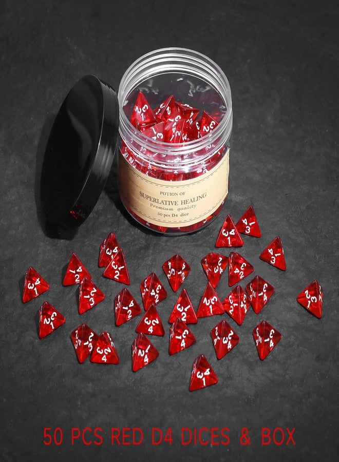 FourDragons 50Pcs Transparent Red D4 Dice Set for Board Table RPG Gaming, Roleplaying Red Gem D4 Polyhedral Dice Set Compatible with Dungeons and Dragons D&D RPG MTG Dice Table Games - Image 4